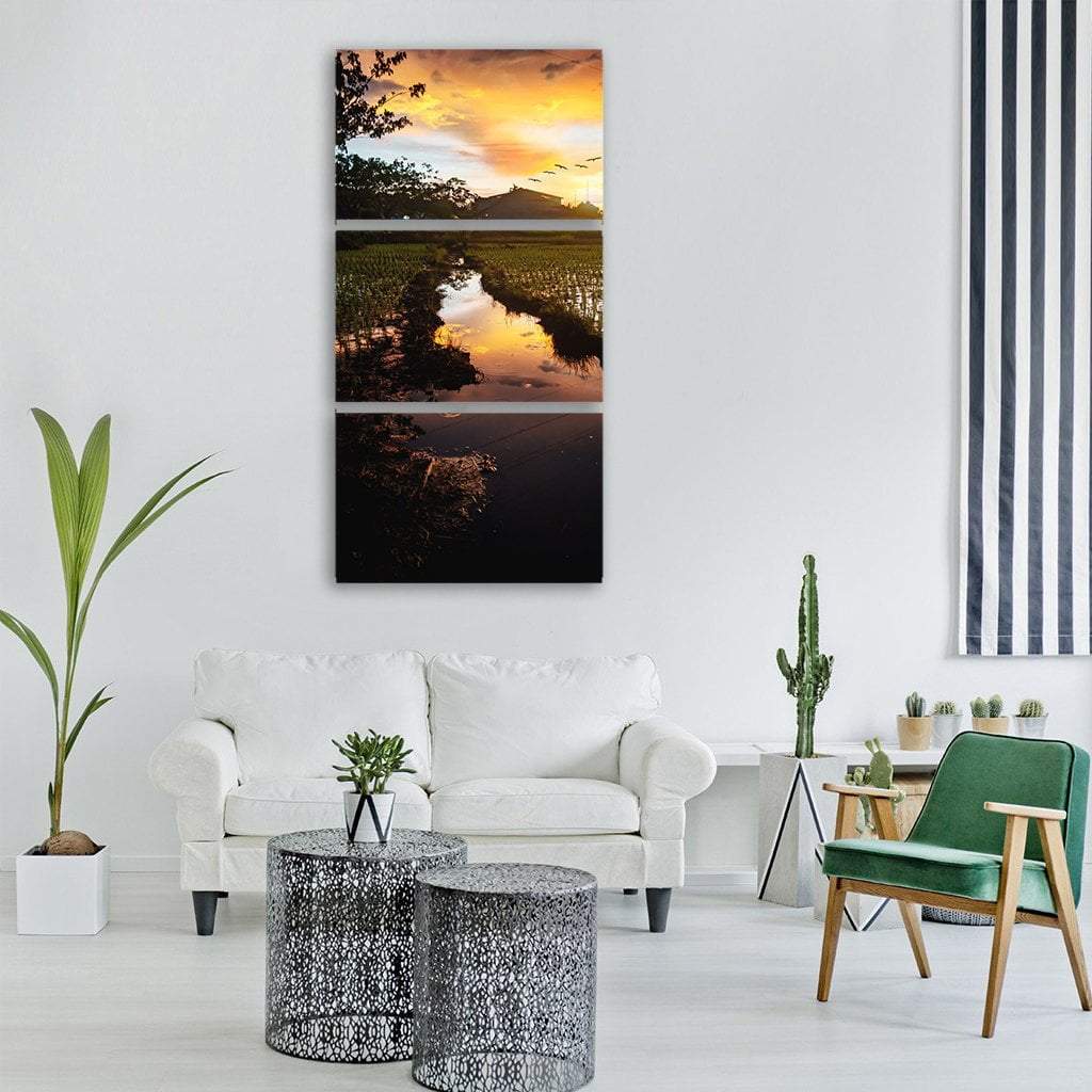 Sunset On Rice Fields Vertical Canvas Wall Art-3 Vertical-Gallery Wrap-12" x 25"-Tiaracle