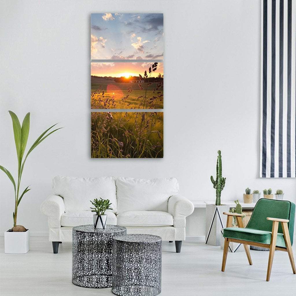 Sunset On Summer Green Fields Vertical Canvas Wall Art-3 Vertical-Gallery Wrap-12" x 25"-Tiaracle