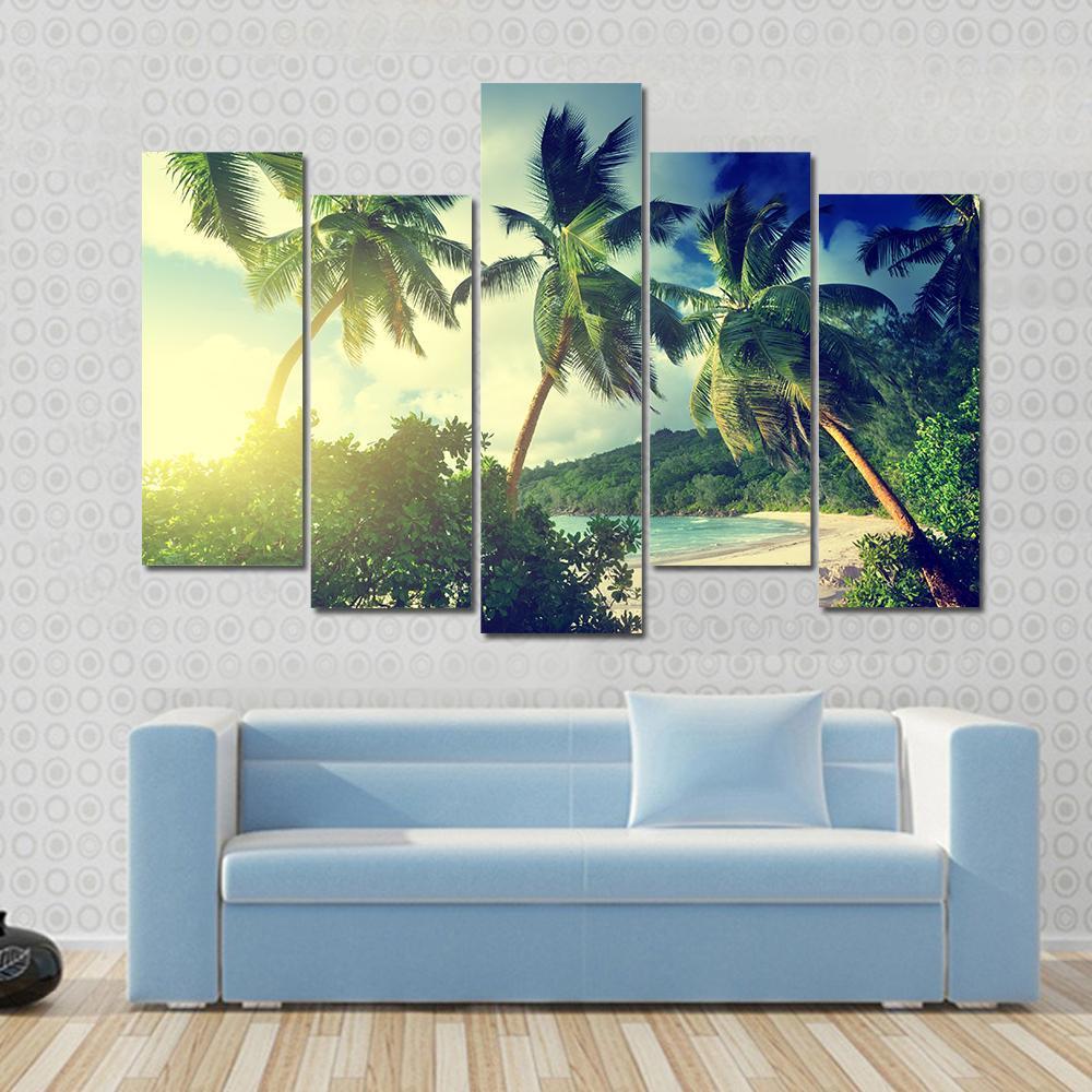 Sunset On The Beach Takamaka Mahe Island Canvas Wall Art-5 Pop-Gallery Wrap-47" x 32"-Tiaracle