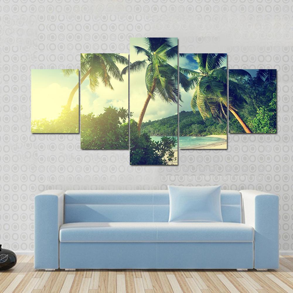 Sunset On The Beach Takamaka Mahe Island Canvas Wall Art-5 Star-Gallery Wrap-62" x 32"-Tiaracle
