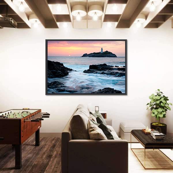 Sunset On The Cliffs At Godrevy Canvas Wall Art-3 Horizontal-Gallery Wrap-25" x 16"-Tiaracle
