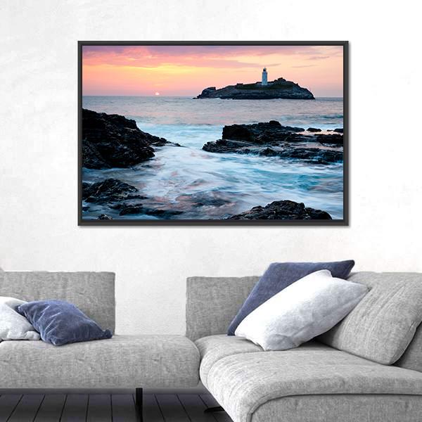 Sunset On The Cliffs At Godrevy Canvas Wall Art-3 Horizontal-Gallery Wrap-25" x 16"-Tiaracle