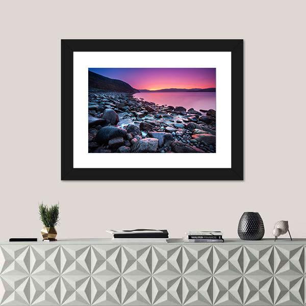 Sunset On The Stone Coast Canvas Wall Art-1 Piece-Framed Print-20" x 16"-Tiaracle