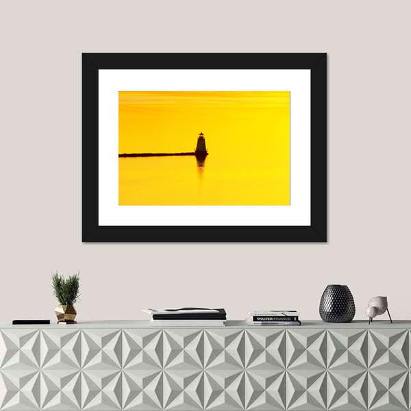 Sunset Over A Lighthouse On Lake Champlain Canvas Wall Art-1 Piece-Framed Print-20" x 16"-Tiaracle