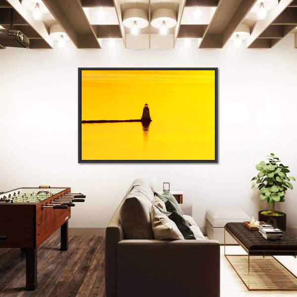 Sunset Over A Lighthouse On Lake Champlain Canvas Wall Art-3 Horizontal-Gallery Wrap-25" x 16"-Tiaracle