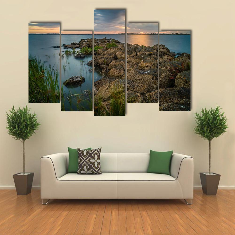 Sunset Over A Stone Pier In Lake Colac Canvas Wall Art-5 Pop-Gallery Wrap-47" x 32"-Tiaracle