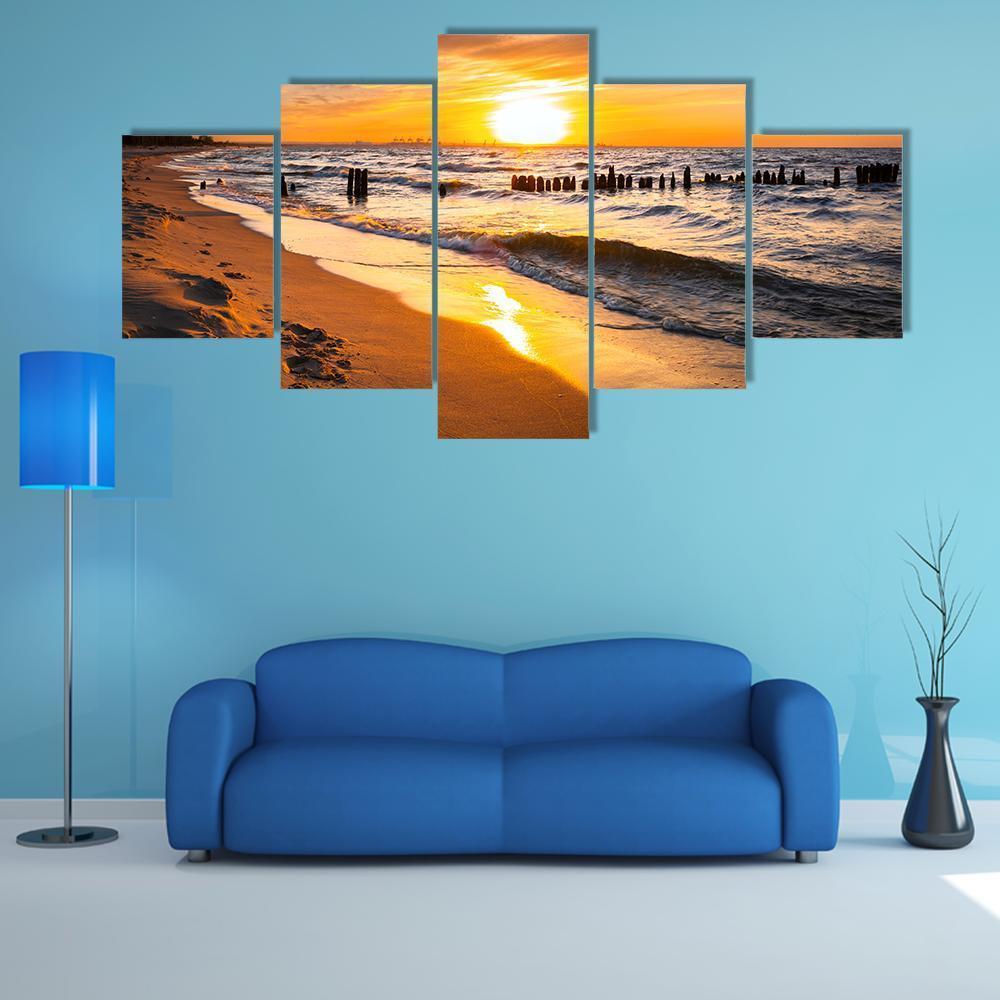 Sunset Over Baltic Sea Beach Canvas Wall Art-5 Star-Gallery Wrap-62" x 32"-Tiaracle