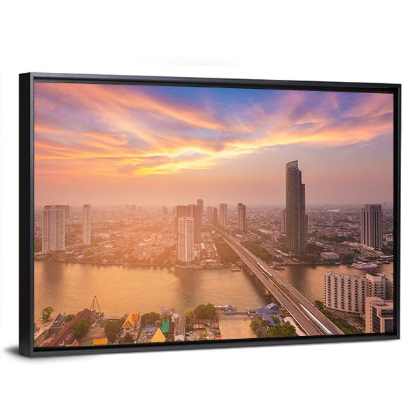 Sunset Over Bangkok City Canvas Wall Art-3 Horizontal-Gallery Wrap-25" x 16"-Tiaracle