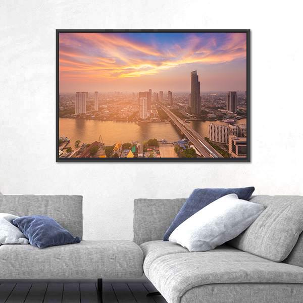 Sunset Over Bangkok City Canvas Wall Art-3 Horizontal-Gallery Wrap-25" x 16"-Tiaracle