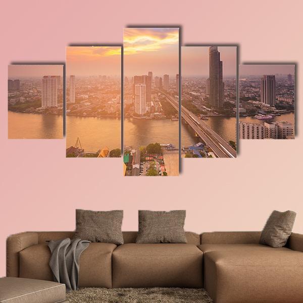 Sunset Over Bangkok City Canvas Wall Art-5 Star-Gallery Wrap-62" x 32"-Tiaracle