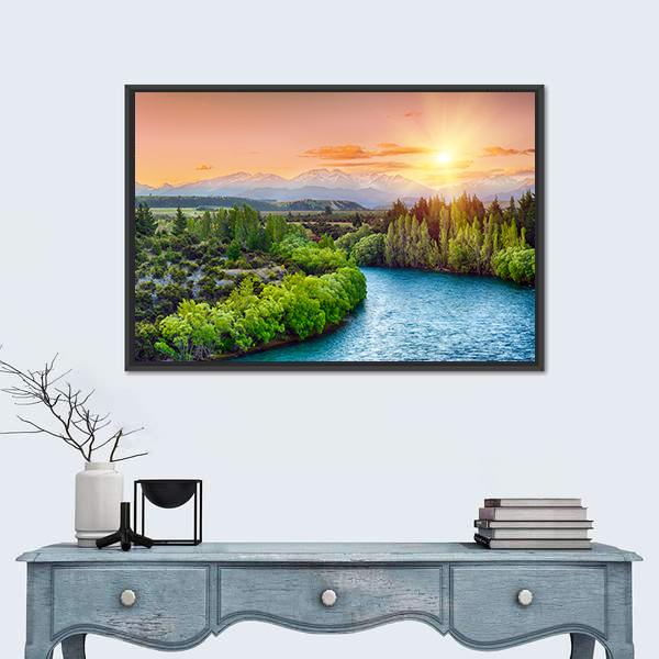 Sunset Over Bend Of The River Clutha Canvas Wall Art-1 Piece-Floating Frame-24" x 16"-Tiaracle