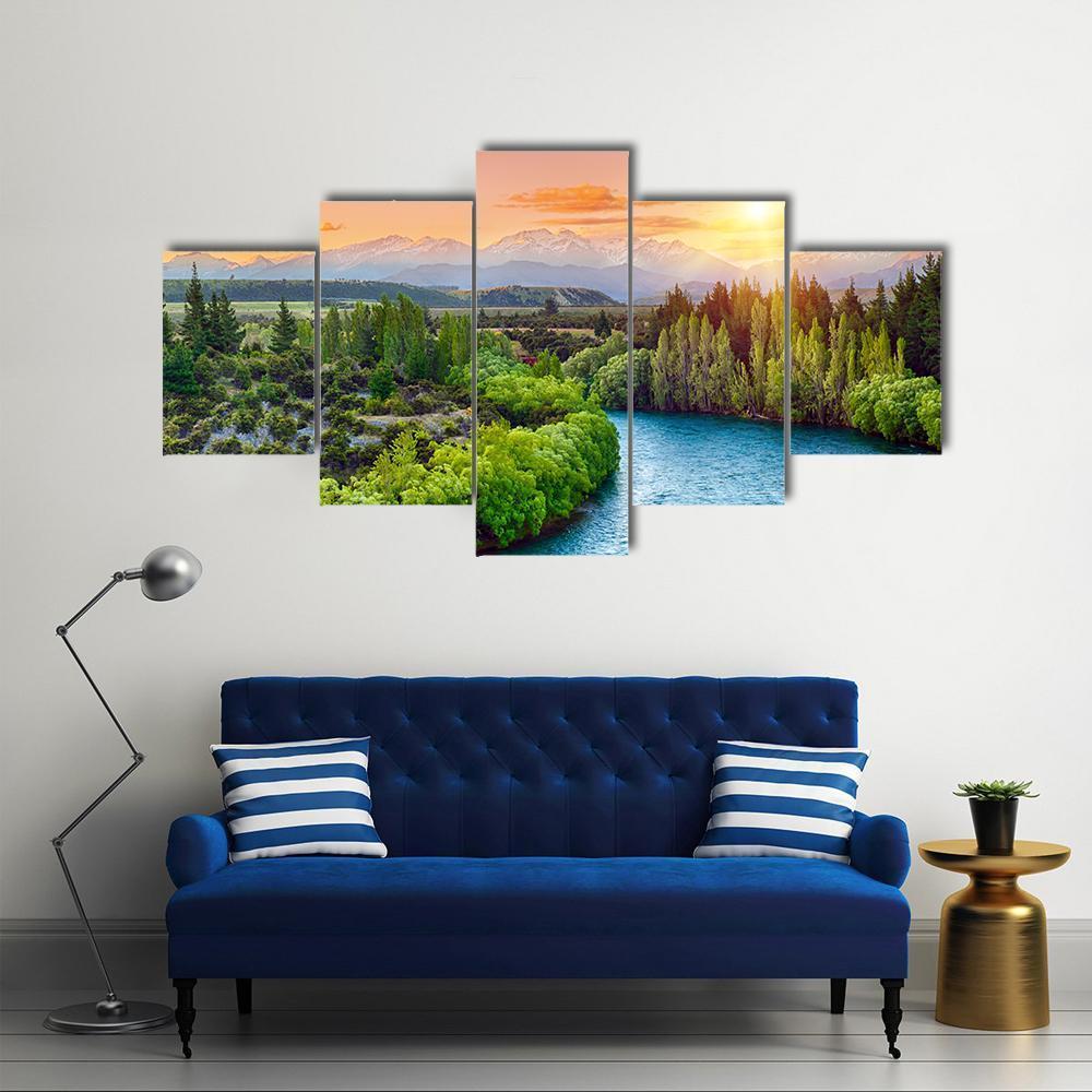 Sunset Over Bend Of The River Clutha Canvas Wall Art-5 Star-Gallery Wrap-62" x 32"-Tiaracle