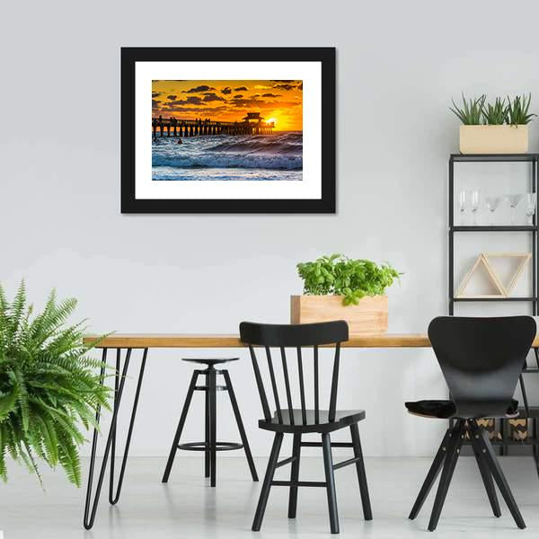 Sunset Over Fishing Pier Canvas Wall Art-3 Horizontal-Gallery Wrap-25" x 16"-Tiaracle