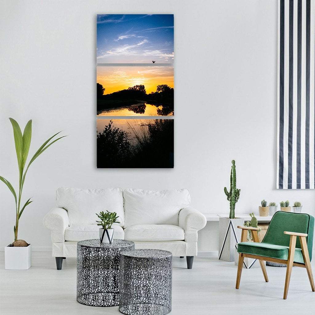 Sunset Over Forest Lake Vertical Canvas Wall Art-3 Vertical-Gallery Wrap-12" x 25"-Tiaracle