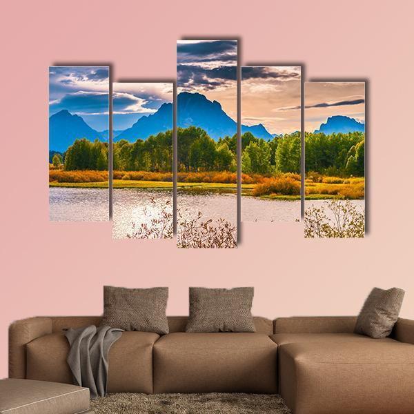 Sunset Over Grand Tetons Canvas Wall Art-5 Pop-Gallery Wrap-47" x 32"-Tiaracle