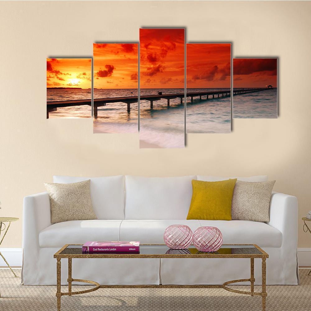 Sunset Over Jetty Canvas Wall Art-5 Star-Gallery Wrap-62" x 32"-Tiaracle