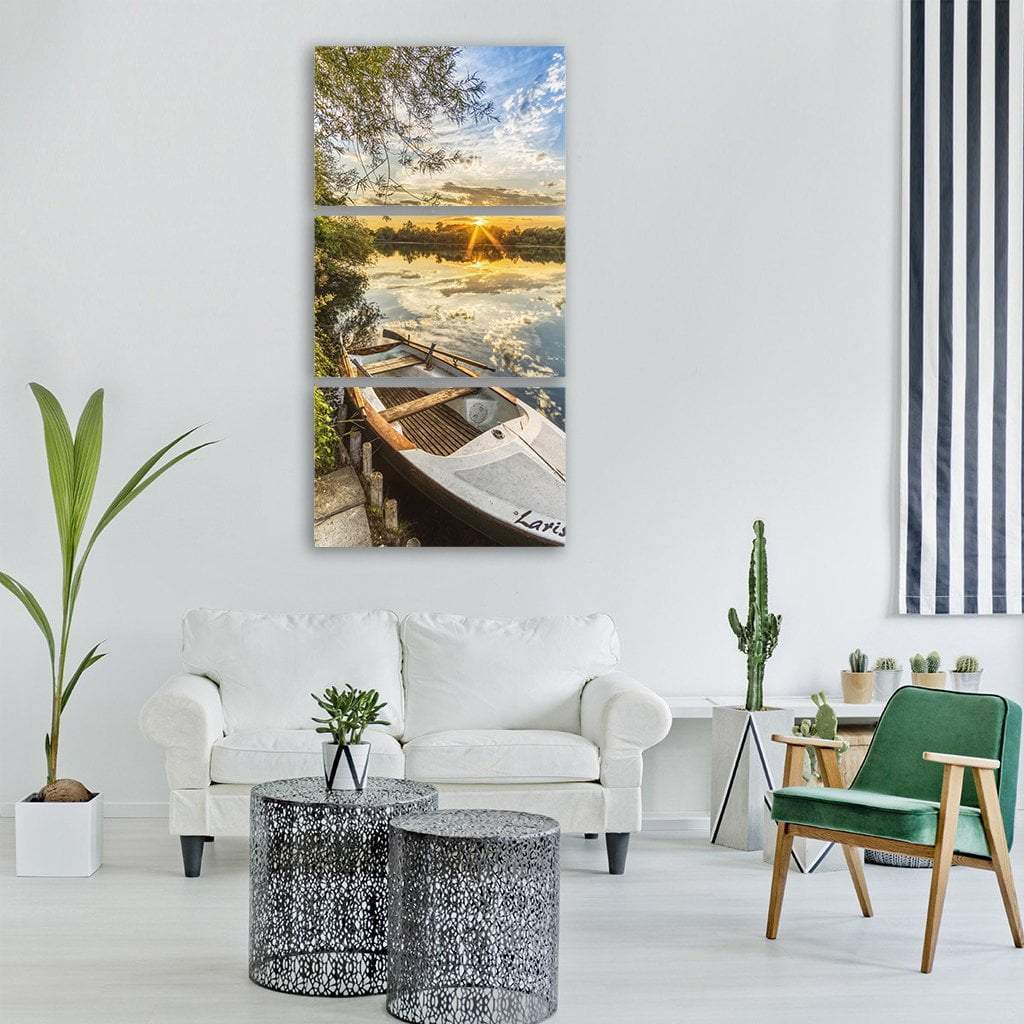 Sunset Over Lake With Fishing Boat Vertical Canvas Wall Art-3 Vertical-Gallery Wrap-12" x 25"-Tiaracle