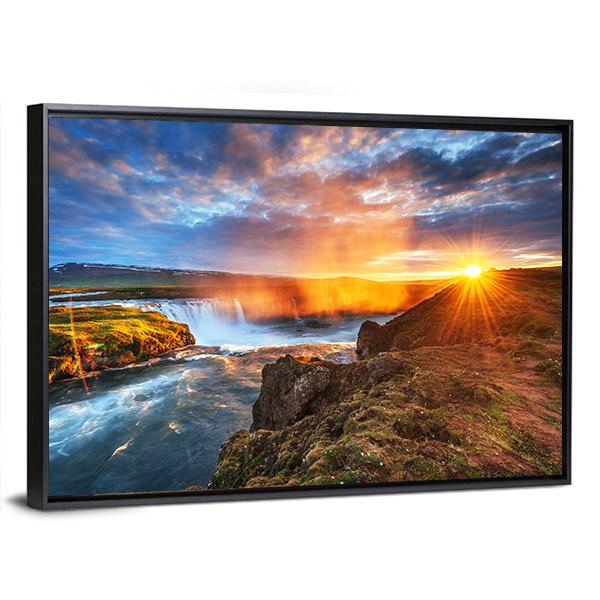Sunset Over Landscapes And Waterfalls Canvas Wall Art-3 Horizontal-Gallery Wrap-25" x 16"-Tiaracle
