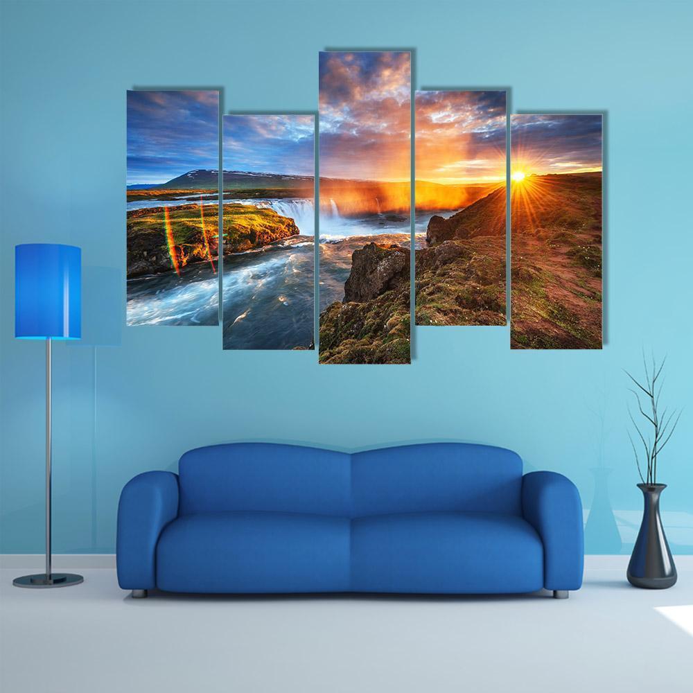 Sunset Over Landscapes And Waterfalls Canvas Wall Art-5 Pop-Gallery Wrap-47" x 32"-Tiaracle