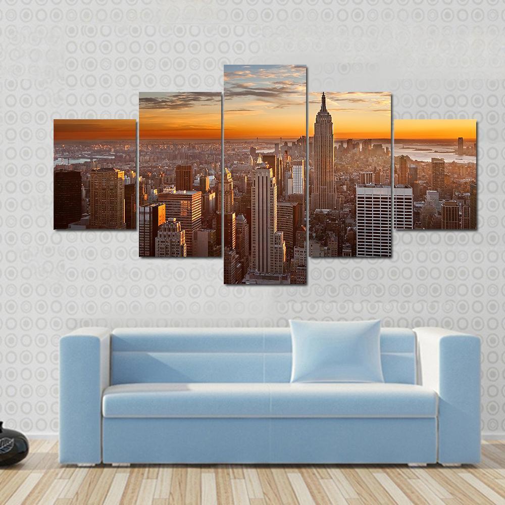 Sunset Over Manhattan New York Canvas Wall Art-5 Star-Gallery Wrap-62" x 32"-Tiaracle