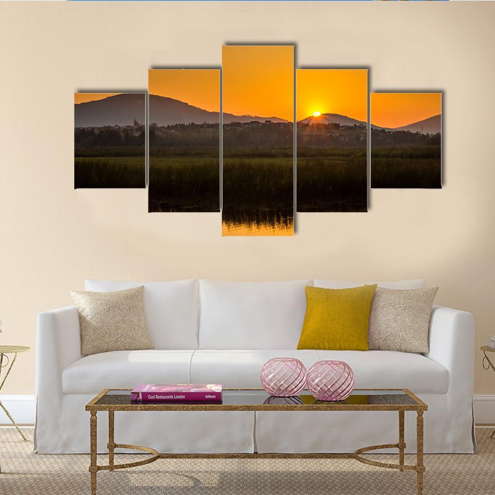 Sunset Over Mountains And Lake In Beskid Slaski Canvas Wall Art-5 Star-Gallery Wrap-62" x 32"-Tiaracle