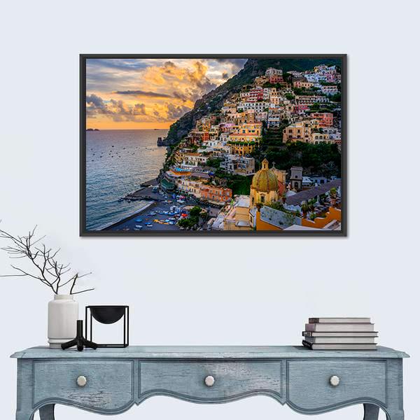 Sunset Over Positano At Amalfi Coast Canvas Wall Art-3 Horizontal-Gallery Wrap-25" x 16"-Tiaracle