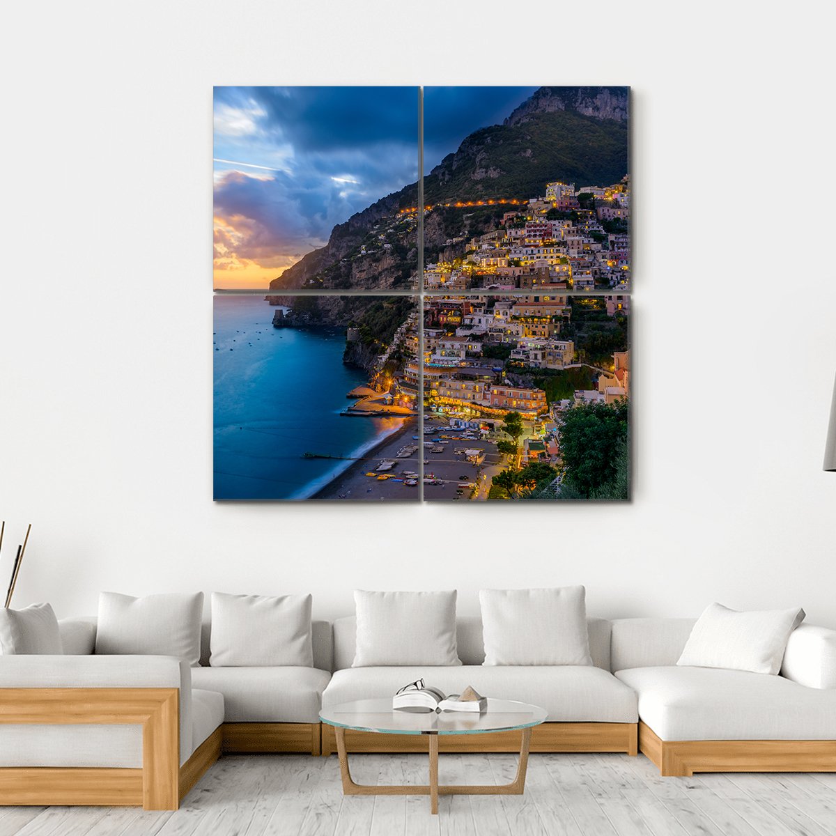 Sunset Over Positano At Amalfi Coast Canvas Wall Art-4 Square-Gallery Wrap-17" x 17"-Tiaracle