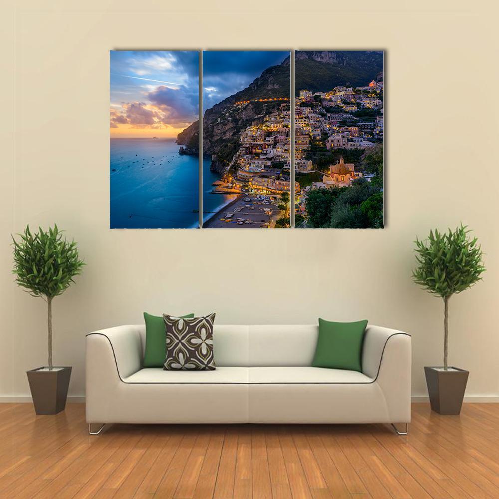 Sunset Over Positano At Amalfi Coast Canvas Wall Art-3 Horizontal-Gallery Wrap-37" x 24"-Tiaracle