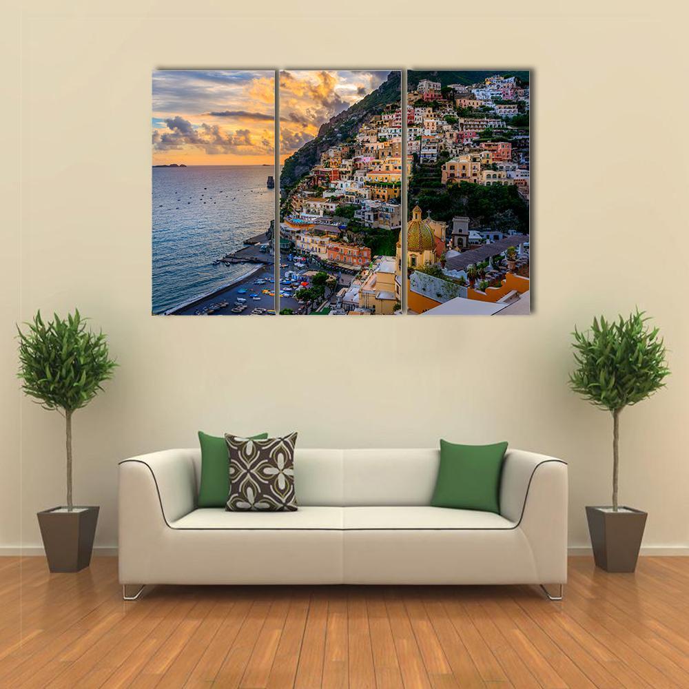 Sunset Over Positano At Amalfi Coast Canvas Wall Art-3 Horizontal-Gallery Wrap-37" x 24"-Tiaracle