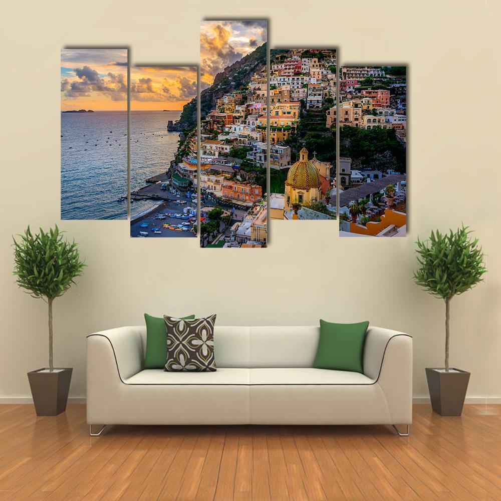 Sunset Over Positano At Amalfi Coast Canvas Wall Art-5 Pop-Gallery Wrap-47" x 32"-Tiaracle