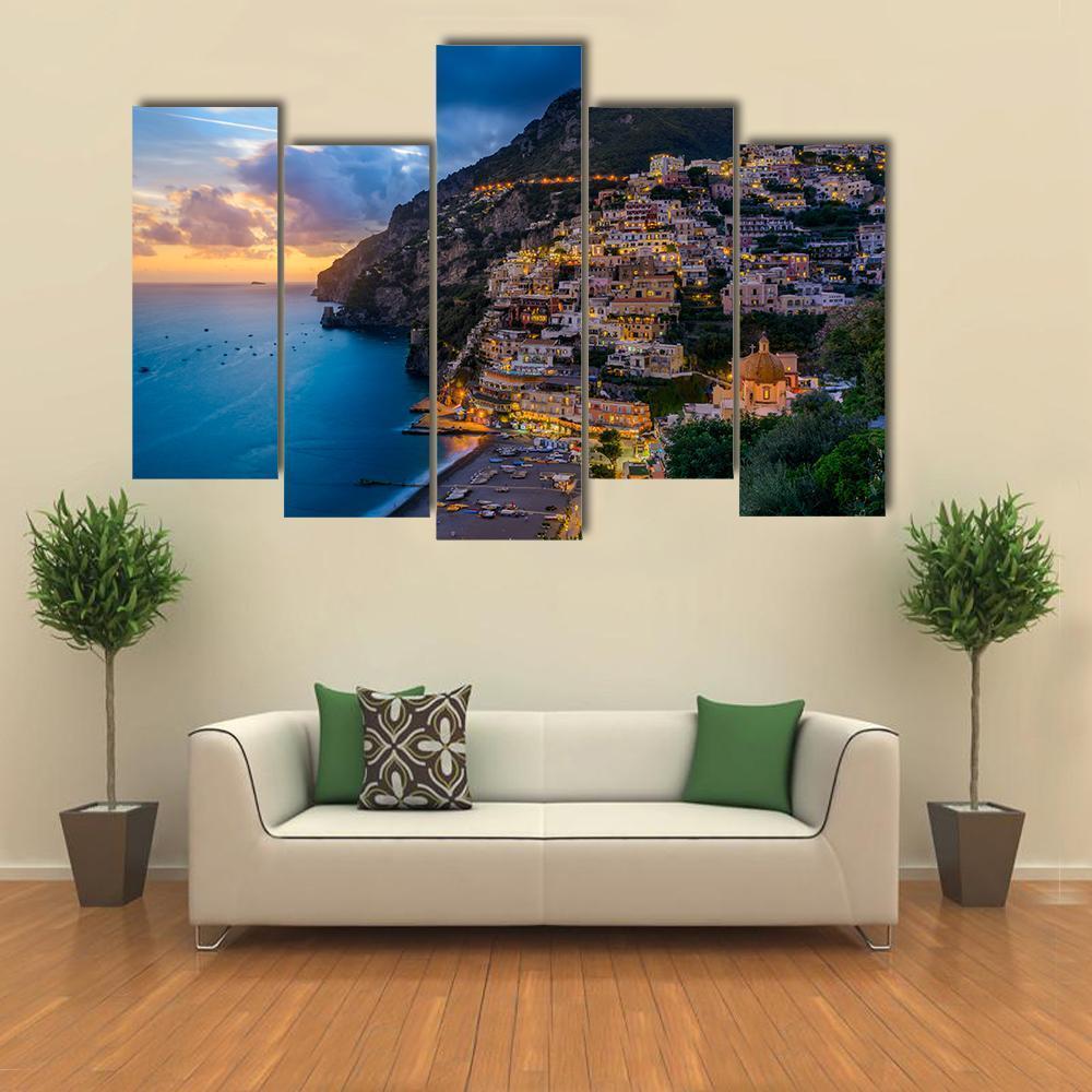 Sunset Over Positano At Amalfi Coast Canvas Wall Art-5 Pop-Gallery Wrap-47" x 32"-Tiaracle
