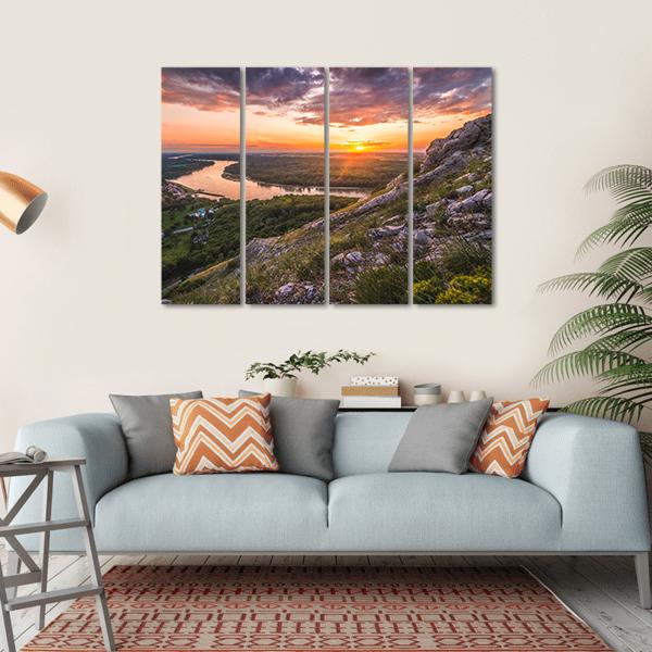 Sunset Over Rocks And River Canvas Wall Art-4 Horizontal-Gallery Wrap-34" x 24"-Tiaracle