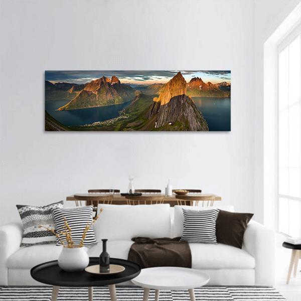 Sunset Over Segla summit And Fjordgard Village Panoramic Canvas Wall Art-1 Piece-36" x 12"-Tiaracle