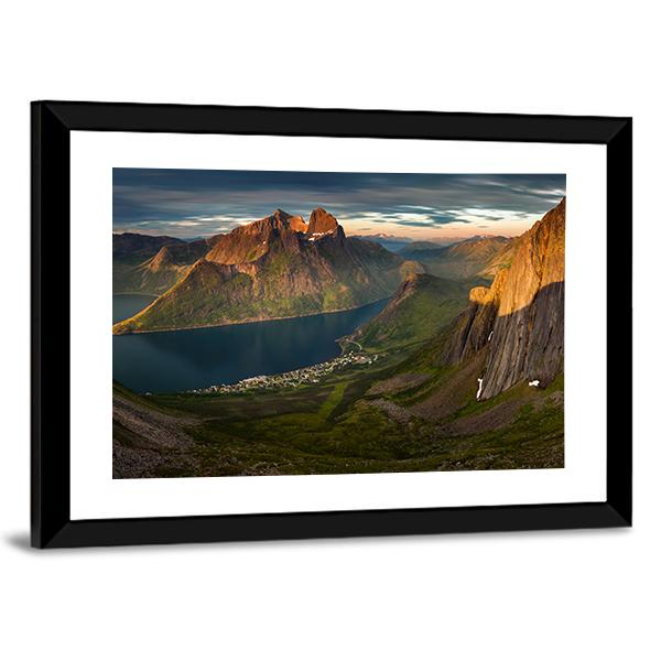 Sunset Over Segla summit And Fjordgard Village Panoramic Canvas Wall Art-1 Piece-36" x 12"-Tiaracle
