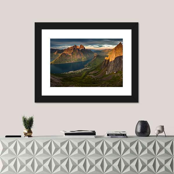 Sunset Over Segla summit And Fjordgard Village Panoramic Canvas Wall Art-1 Piece-36" x 12"-Tiaracle