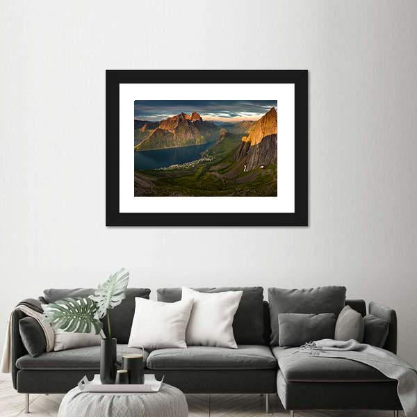 Sunset Over Segla summit And Fjordgard Village Panoramic Canvas Wall Art-1 Piece-36" x 12"-Tiaracle