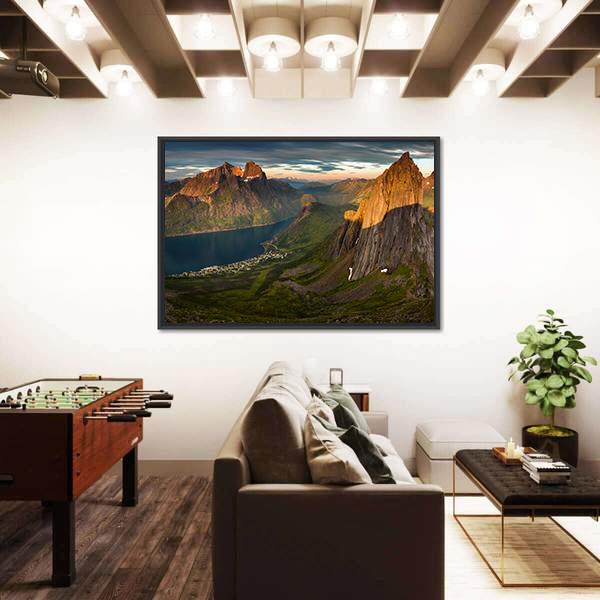 Sunset Over Segla summit And Fjordgard Village Panoramic Canvas Wall Art-1 Piece-36" x 12"-Tiaracle