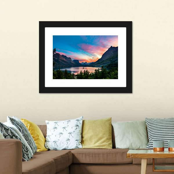 Sunset Over St. Mary Lake Canvas Wall Art-1 Piece-Framed Print-20" x 16"-Tiaracle