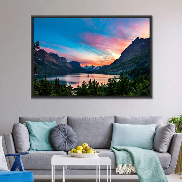 Sunset Over St. Mary Lake Panoramic Canvas Wall Art-1 Piece-36" x 12"-Tiaracle