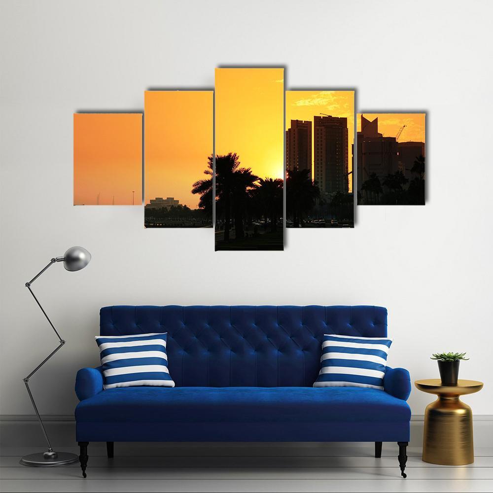 Sunset Over The Corniche In Doha Canvas Wall Art-5 Star-Gallery Wrap-62" x 32"-Tiaracle