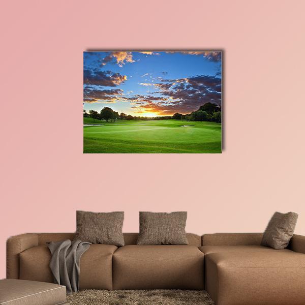 Sunset Over The Golf Course Canvas Wall Art-1 Piece-Gallery Wrap-48" x 32"-Tiaracle