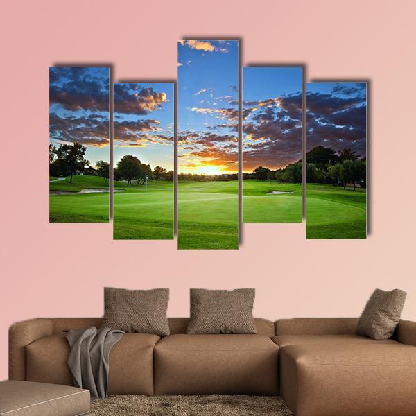 Sunset Over The Golf Course Canvas Wall Art-5 Pop-Gallery Wrap-47" x 32"-Tiaracle