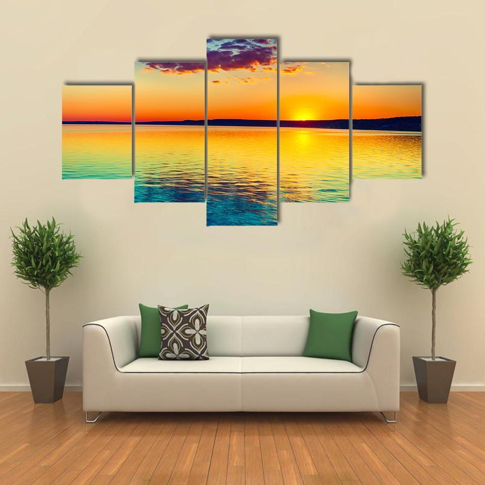 Sunset Over The Lake In Russia Canvas Wall Art-5 Star-Gallery Wrap-62" x 32"-Tiaracle