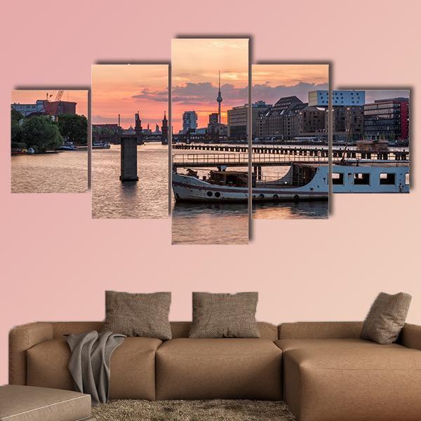 Sunset Over The River Spree Canvas Wall Art-5 Star-Gallery Wrap-62" x 32"-Tiaracle