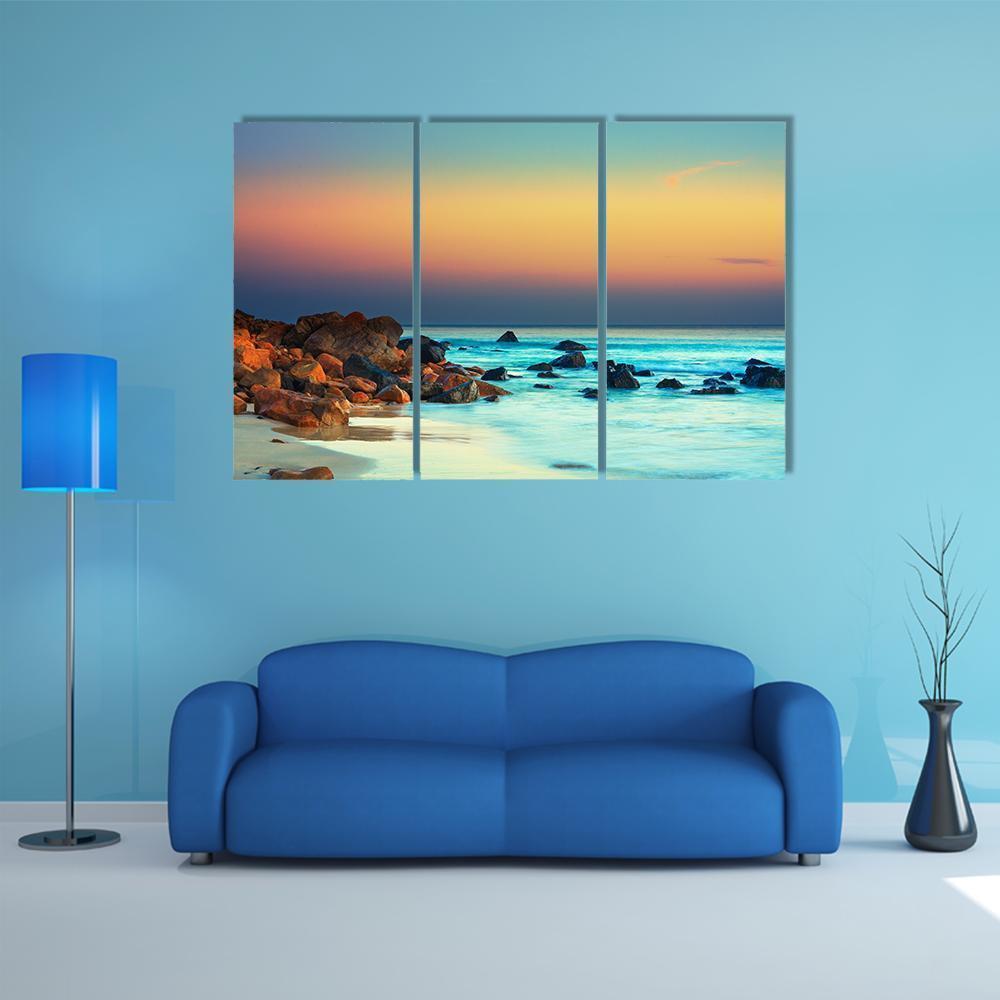 Sunset Over The Sea Stone Canvas Wall Art-3 Horizontal-Gallery Wrap-37" x 24"-Tiaracle
