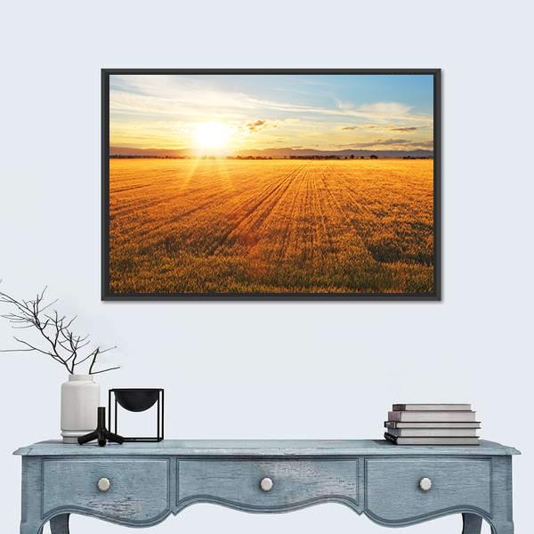 Sunset Over Wheat Field Panoramic Canvas Wall Art-1 Piece-36" x 12"-Tiaracle