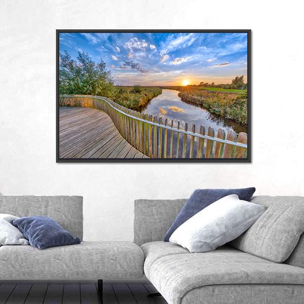 Sunset over Wooden Balustrade Balcony On Bridge Canvas Wall Art-3 Horizontal-Gallery Wrap-25" x 16"-Tiaracle