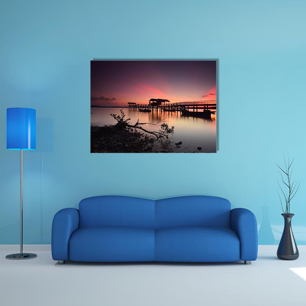 Sunset Over Wooden Jetty Canvas Wall Art-1 Piece-Gallery Wrap-36" x 24"-Tiaracle