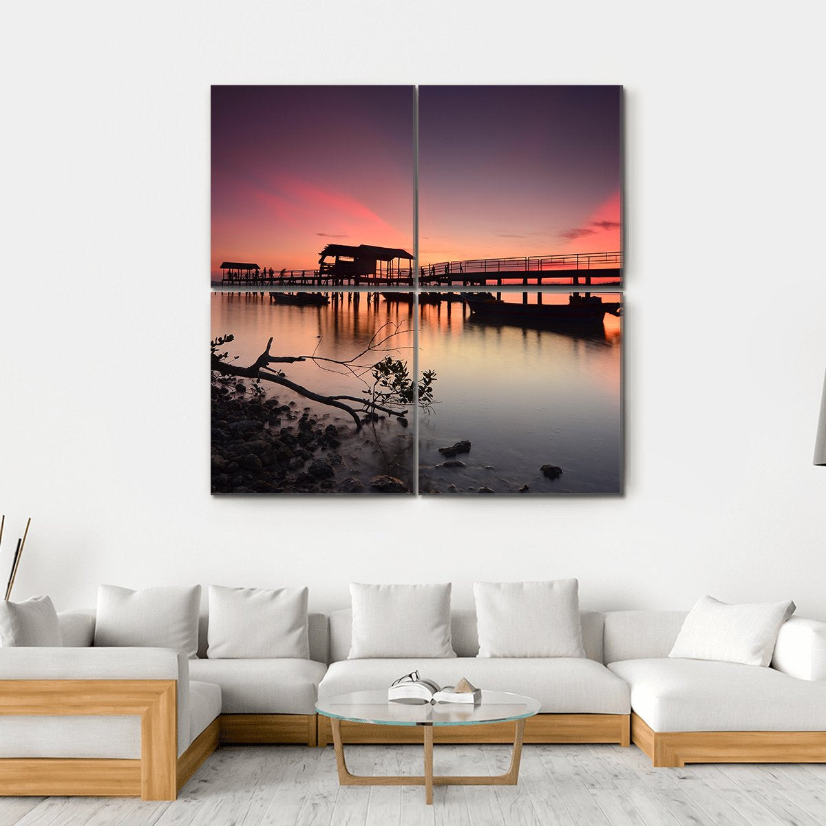 Sunset Over Wooden Jetty Canvas Wall Art-4 Square-Gallery Wrap-17" x 17"-Tiaracle