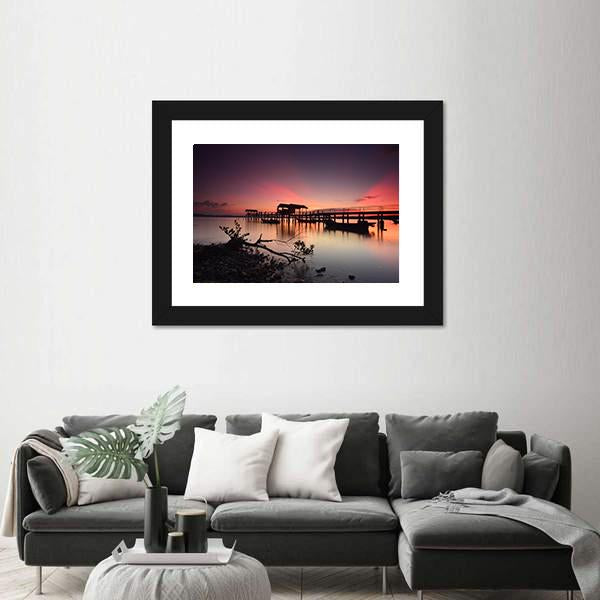 Sunset Over Wooden Jetty Panoramic Canvas Wall Art-1 Piece-36" x 12"-Tiaracle